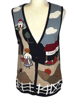 Vintage Capacity Sweater Vest Farmers Market Barn Pumpkins Size Large